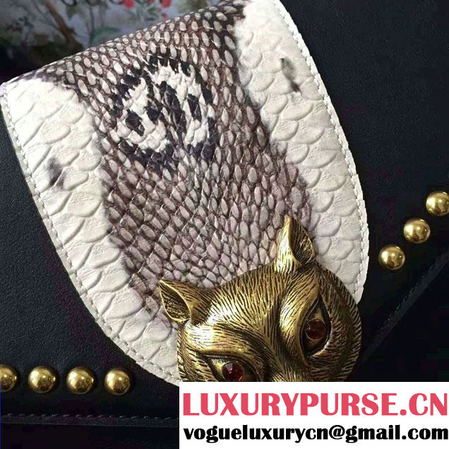 Gucci Fox Broche Studs Top Handle Medium Bag 466434/450628 Black 2017