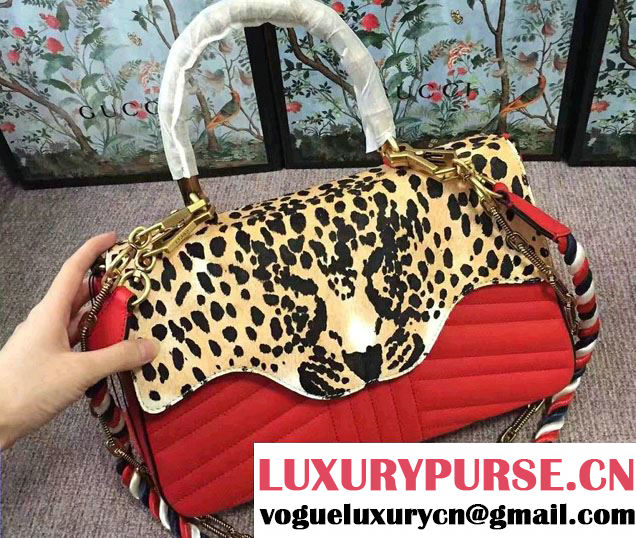 Gucci Leopard Print Calf Hair Top Handle Bag 466413/461912 Red 2017