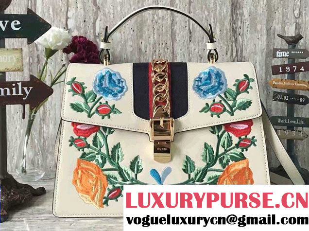 Gucci Sylvie Leather Embroidered Flowers Top Handle Medium Bag 431665 White 2017