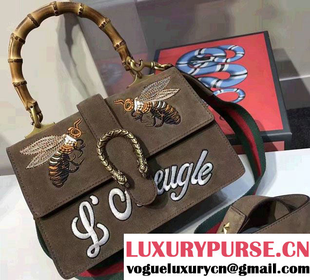 Gucci Dionysus Leather Top Handle Medium Bag 448075 Embroidered Bee and l鈥檃veugle Suede Khaki 2017