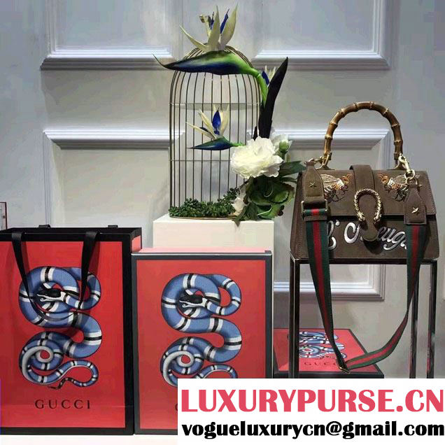 Gucci Dionysus Leather Top Handle Medium Bag 448075 Embroidered Bee and l鈥檃veugle Suede Khaki 2017