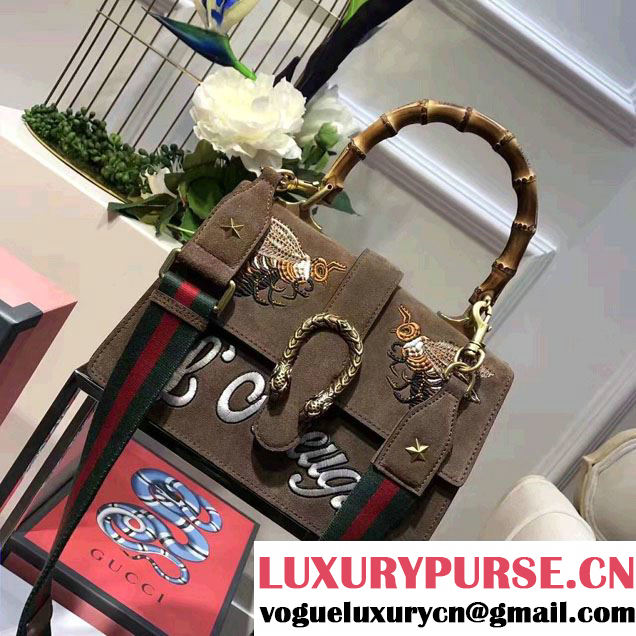 Gucci Dionysus Leather Top Handle Medium Bag 448075 Embroidered Bee and l鈥檃veugle Suede Khaki 2017