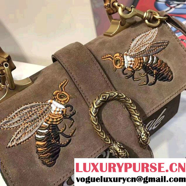 Gucci Dionysus Leather Top Handle Medium Bag 448075 Embroidered Bee and l鈥檃veugle Suede Khaki 2017