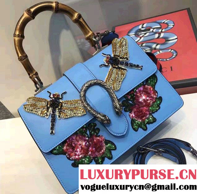 Gucci Dionysus Leather Top Handle Medium Bag 448075 Embroidered Dragonfly And Roses Light Blue 2017