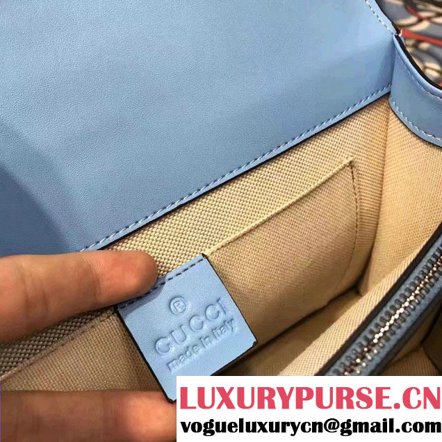 Gucci Dionysus Leather Top Handle Medium Bag 448075 Embroidered Dragonfly And Roses Light Blue 2017