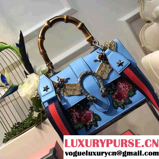 Gucci Dionysus Leather Top Handle Medium Bag 448075 Embroidered Dragonfly And Roses Light Blue 2017