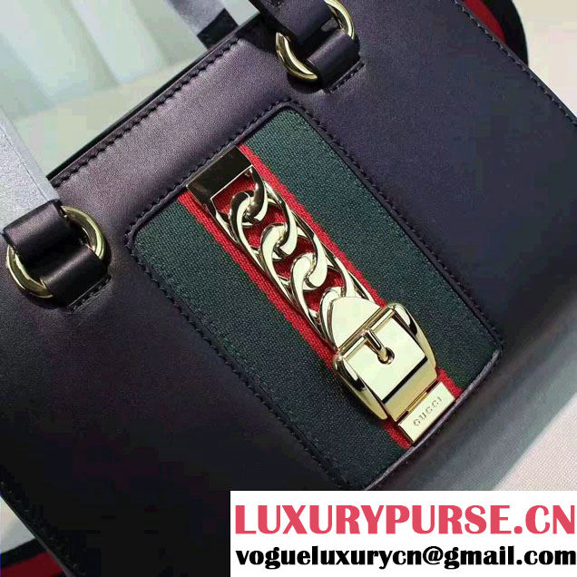 Gucci Sylvie Leather Buckle Design Web Chain Top Handle  Bag 460381 Black 2017