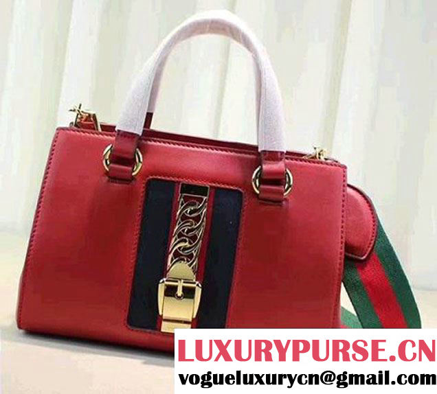 Gucci Sylvie Leather Buckle Design Web Chain Top Handle Bag 460381 Red 2017
