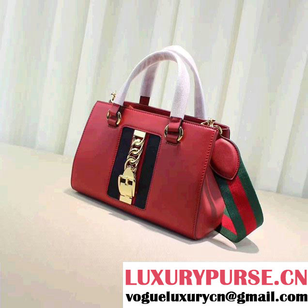 Gucci Sylvie Leather Buckle Design Web Chain Top Handle  Bag 460381 Red 2017
