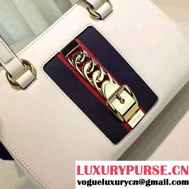 Gucci Sylvie Leather Buckle Design Web Chain Top Handle  Bag 460381 White 2017