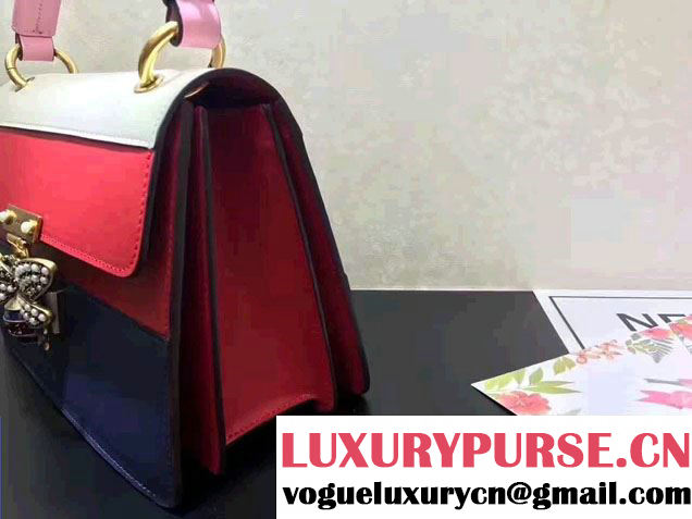 Gucci Queen Margaret Leather Metal Bee Detail Top Handle Bag 476541 White/Red/Dark Blue 2017