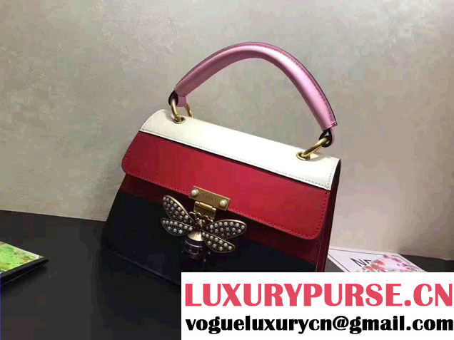 Gucci Queen Margaret Leather Metal Bee Detail Top Handle Bag 476541 White/Red/Dark Blue 2017