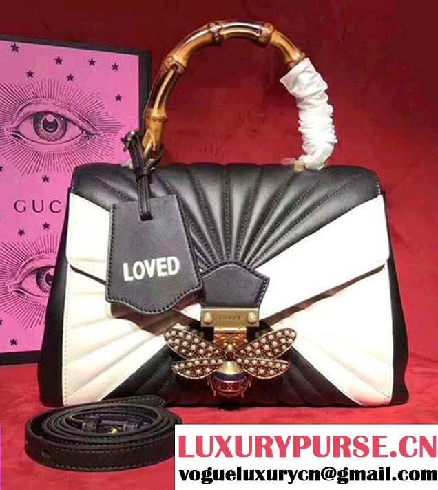 Gucci Queen Margaret Quilted Leather Metal Bee Detail Top Handle Bag 476531 Black/White 2017