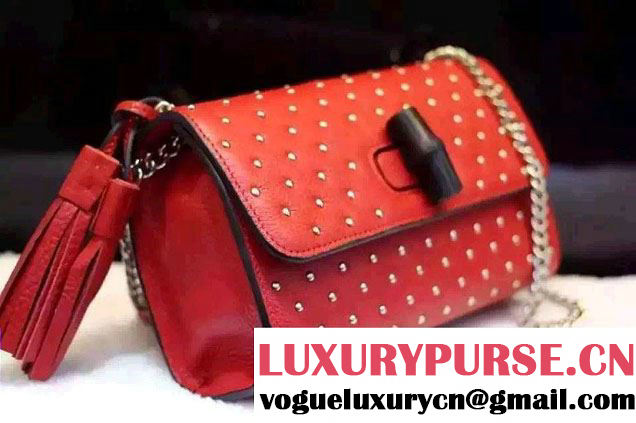 Gucci Miss Bamboo Studded Leather Shoulder Bag 387611 Red 2015