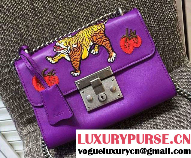 Gucci Padlock Embroidered Tiger Shoulder Bag Purple 2016