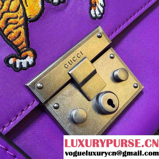 Gucci Padlock Embroidered Tiger Shoulder Bag Purple 2016