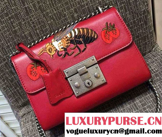 Gucci Padlock Embroidered Tiger Shoulder Bag Red 2016