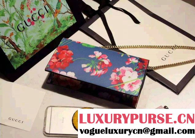 Gucci Icon Gucci Signature Blooms Print Leather Chain Wallet 420088 Blue 2016