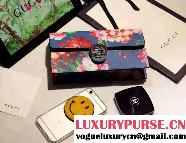 Gucci Icon Gucci Signature Blooms Print Leather Chain Wallet 420088 Blue 2016