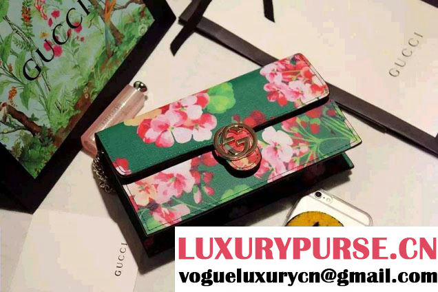Gucci Icon Gucci Signature Blooms Print Leather Chain Wallet 420088 Green 2016