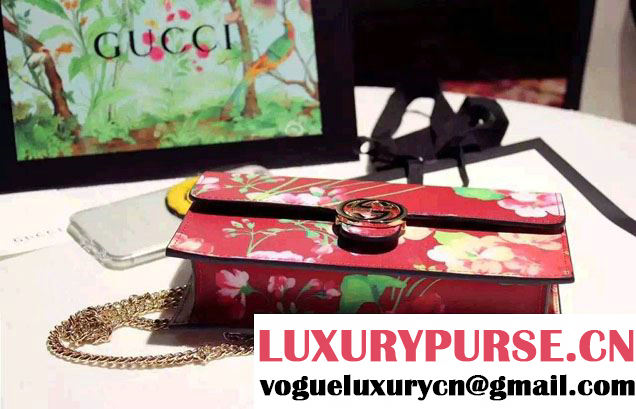 Gucci Icon Gucci Signature Blooms Print Leather Chain Wallet 420088 Red 2016