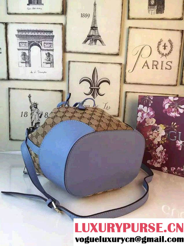 Gucci GG Canvas Leather Small Bucket Bag 381597 Sky Blue 2016