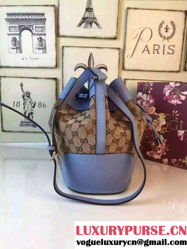 Gucci GG Canvas Leather Small Bucket Bag 381597 Sky Blue 2016