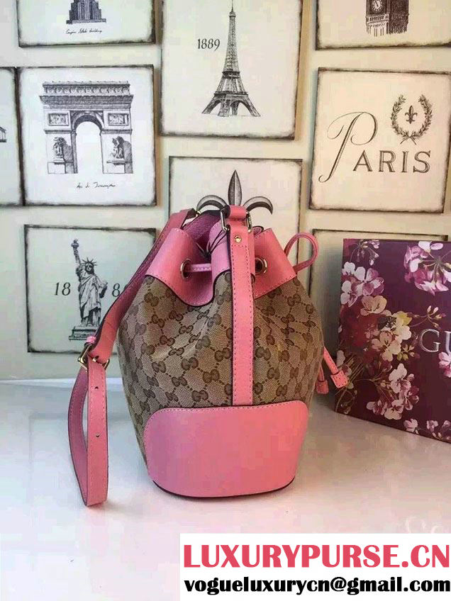Gucci GG Canvas Leather Small Bucket Bag 381597 Pink 2016