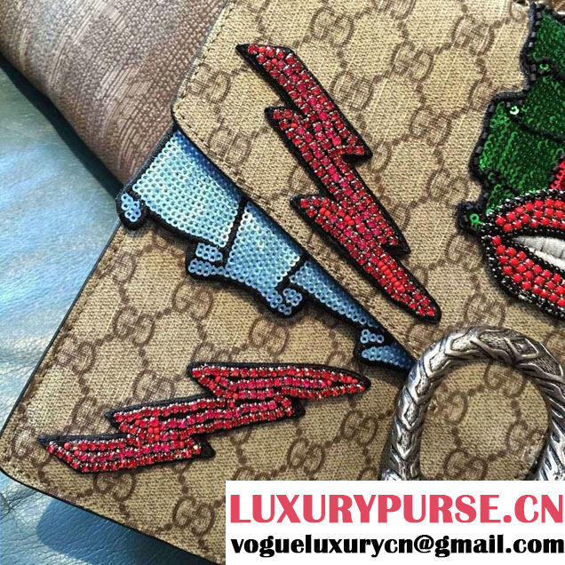 Gucci Sequins Mouth And Lightening Embroidered Dionysus GG Supreme Medium Bag 400235 2016