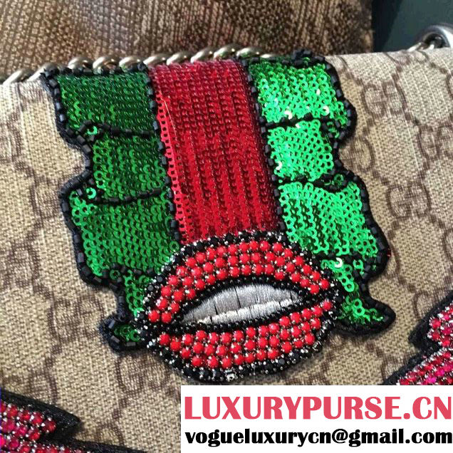 Gucci Sequins Mouth And Lightening Embroidered Dionysus GG Supreme Medium Bag 400235 2016