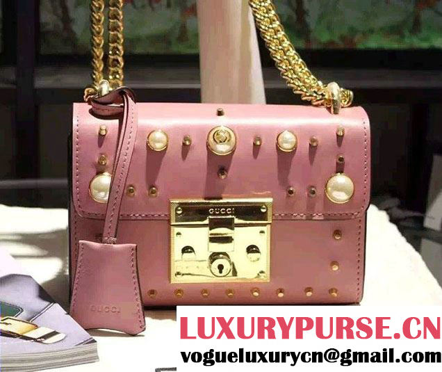 Gucci Padlock GG Pearl Studded Leather Shoulder Small Bag 432182 Pink 2016