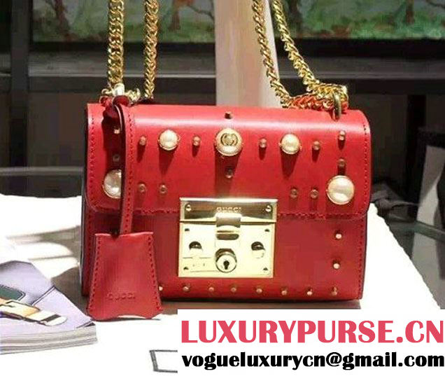 Gucci Padlock GG Pearl Studded Leather Shoulder Small Bag 432182 Red 2016