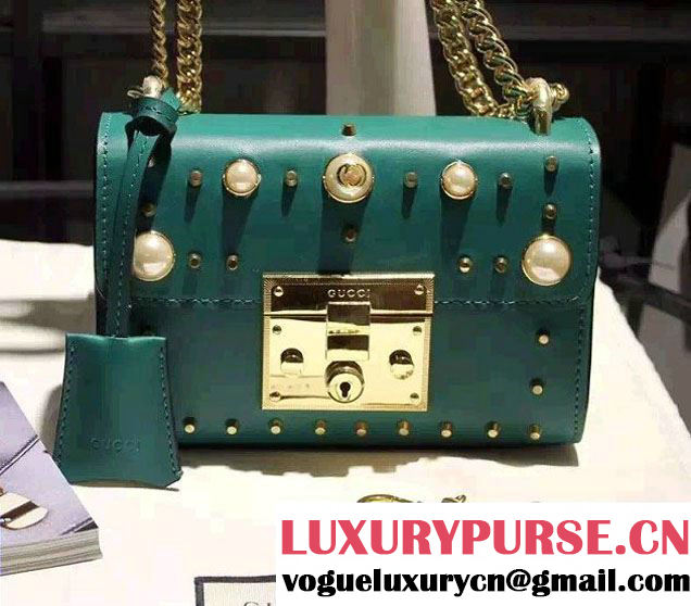 Gucci Padlock GG Pearl Studded Leather Shoulder Small Bag 432182 Green 2016