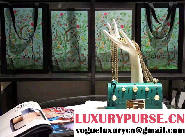 Gucci Padlock GG Pearl Studded Leather Shoulder Small Bag 432182 Green 2016