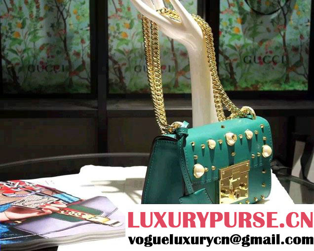 Gucci Padlock GG Pearl Studded Leather Shoulder Small Bag 432182 Green 2016