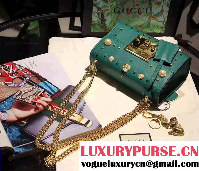 Gucci Padlock GG Pearl Studded Leather Shoulder Small Bag 432182 Green 2016