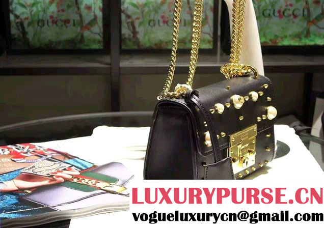 Gucci Padlock GG Pearl Studded Leather Shoulder Small Bag 432182 Black 2016