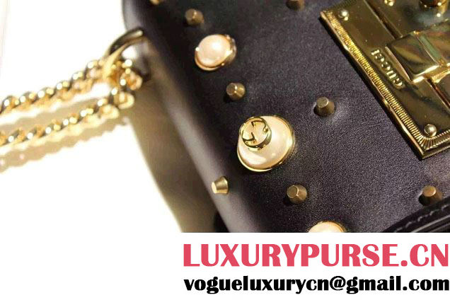Gucci Padlock GG Pearl Studded Leather Shoulder Small Bag 432182 Black 2016