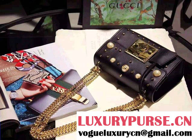 Gucci Padlock GG Pearl Studded Leather Shoulder Small Bag 432182 Black 2016