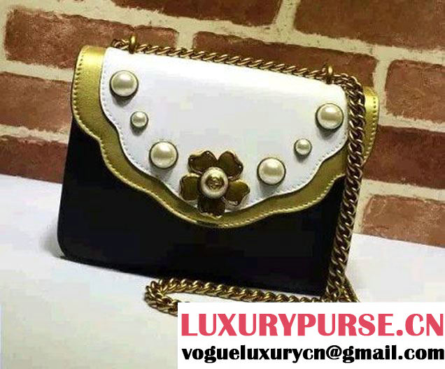 Gucci Pearl Studs Chain Shoulder Bag 432282 Black/White/Gold 2016