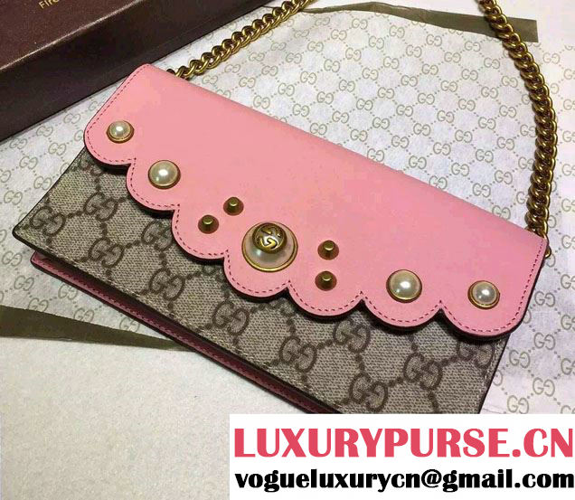 Gucci Pearl Studs GG Supreme Mini Chain Wallet Bag 431478 Pink 2016