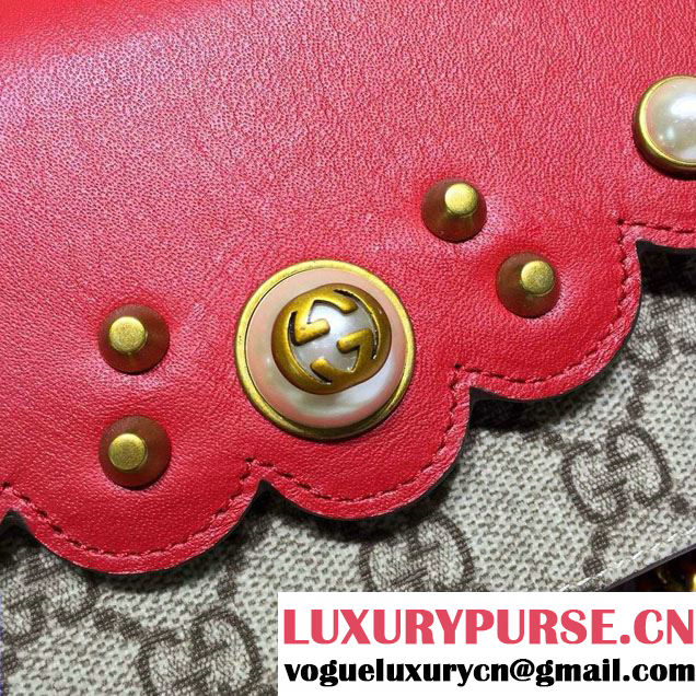 Gucci Pearl Studs GG Supreme Mini Chain Wallet Bag 431478 Red 2016