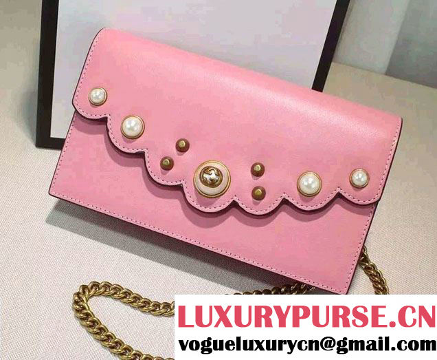 Gucci Pearl Studs Leather Mini Chain Wallet Bag 431478 Pink 2016