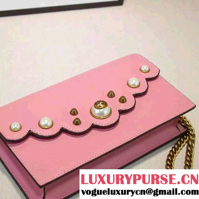 Gucci Pearl Studs Leather Mini Chain Wallet Bag 431478 Pink 2016