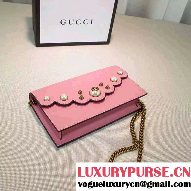 Gucci Pearl Studs Leather Mini Chain Wallet Bag 431478 Pink 2016