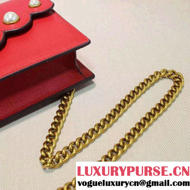 Gucci Pearl Studs Leather Mini Chain Wallet Bag 431478 Red 2016