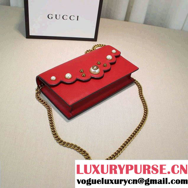 Gucci Pearl Studs Leather Mini Chain Wallet Bag 431478 Red 2016