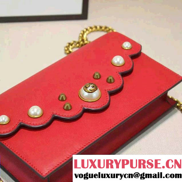 Gucci Pearl Studs Leather Mini Chain Wallet Bag 431478 Red 2016