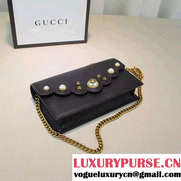 Gucci Pearl Studs Leather Mini Chain Wallet Bag 431478 Black 2016