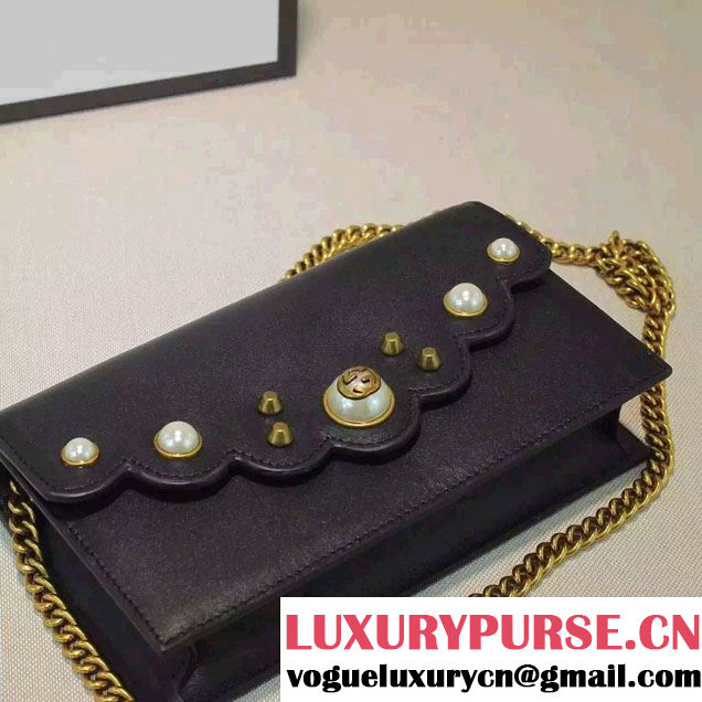 Gucci Pearl Studs Leather Mini Chain Wallet Bag 431478 Black 2016